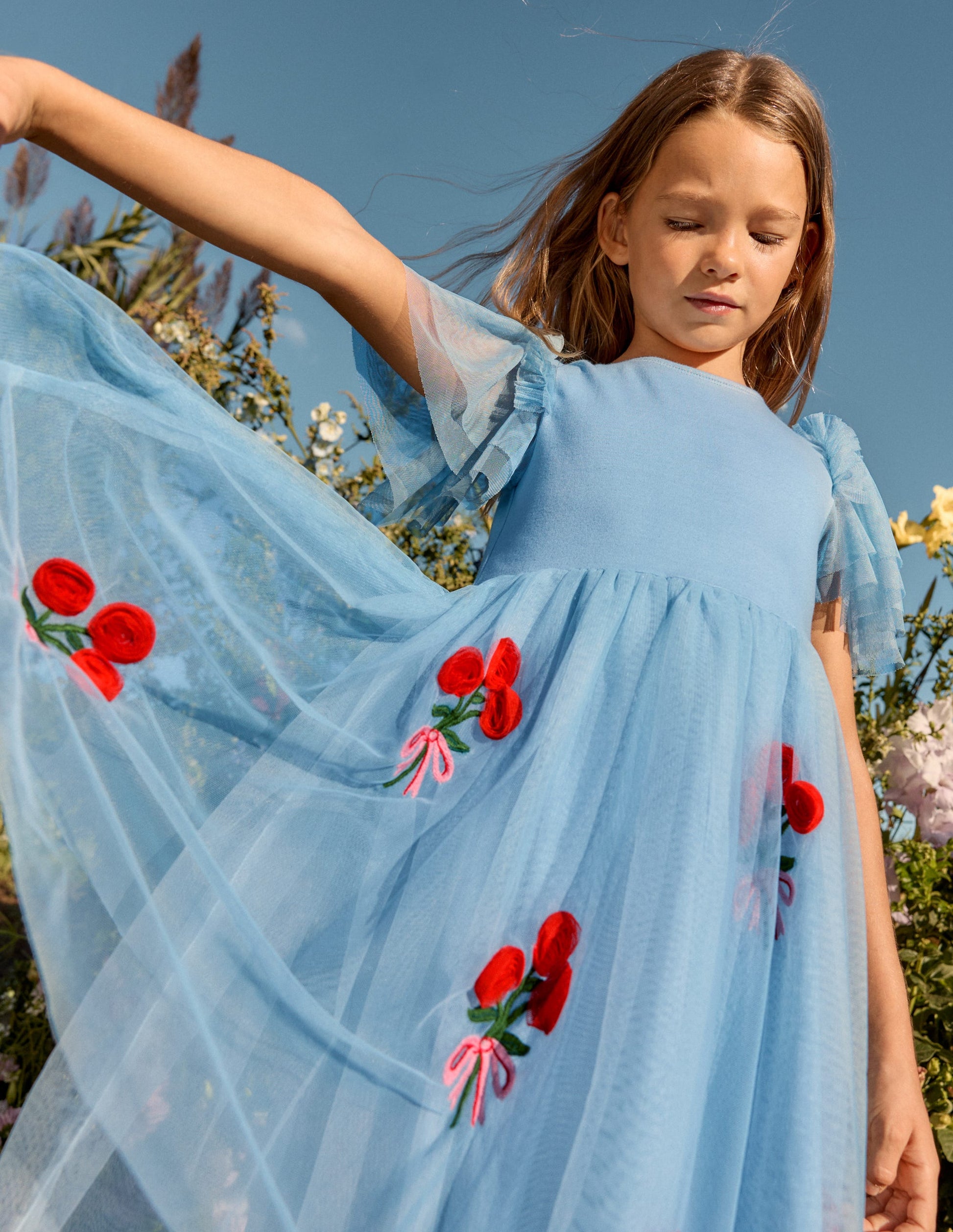 Short Sleeve Logo Tulle Dress-Glacier Blue Roses