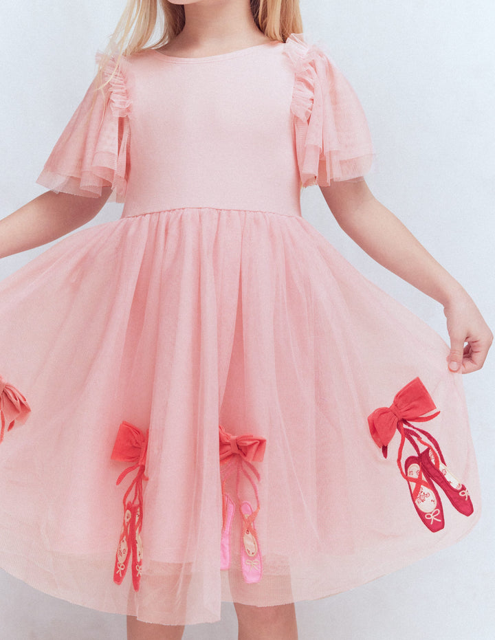 Short Sleeve Logo Tulle Dress-French Pink Ballet Shoes