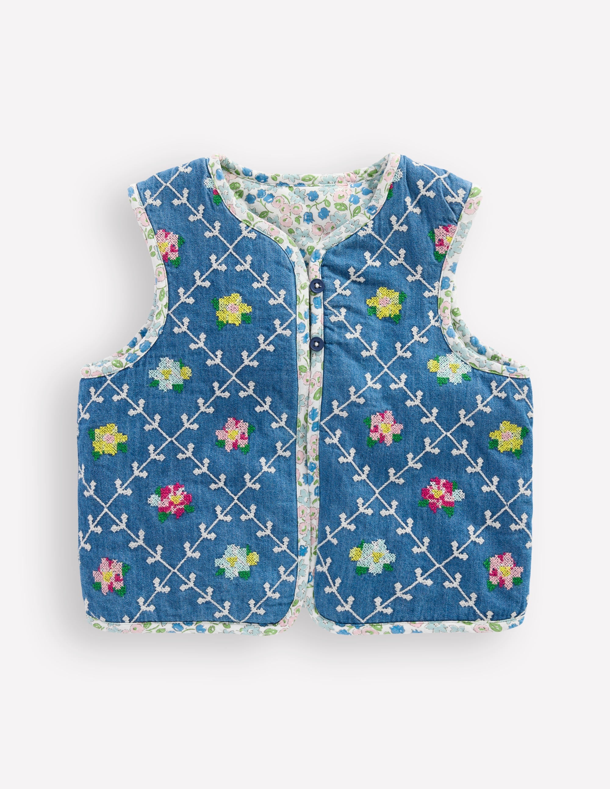 Pretty Quilted Gilet-Embroidered Denim - Image 1