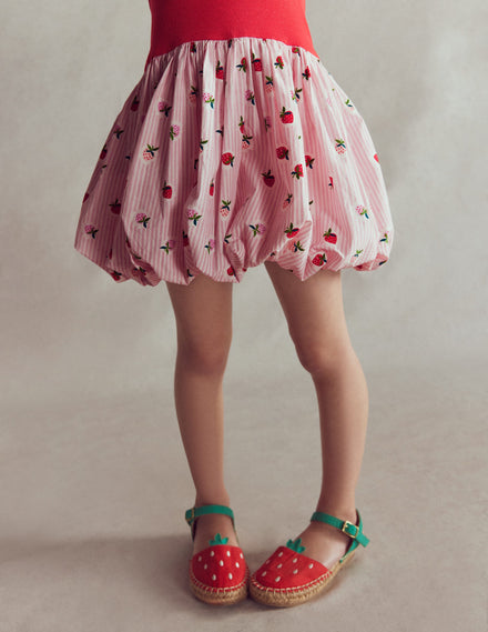 Bubble Hem Rib Dress-Ticking Stripe Strawberry