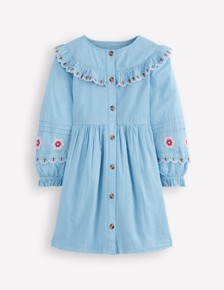 Button Through Blouson Dress-Glacier Blue