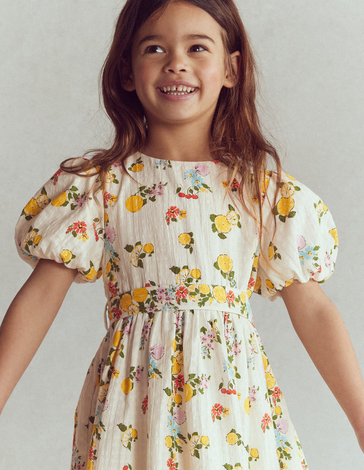 Vintage-style Sash Dress-Soft Ivory Lemon Floral