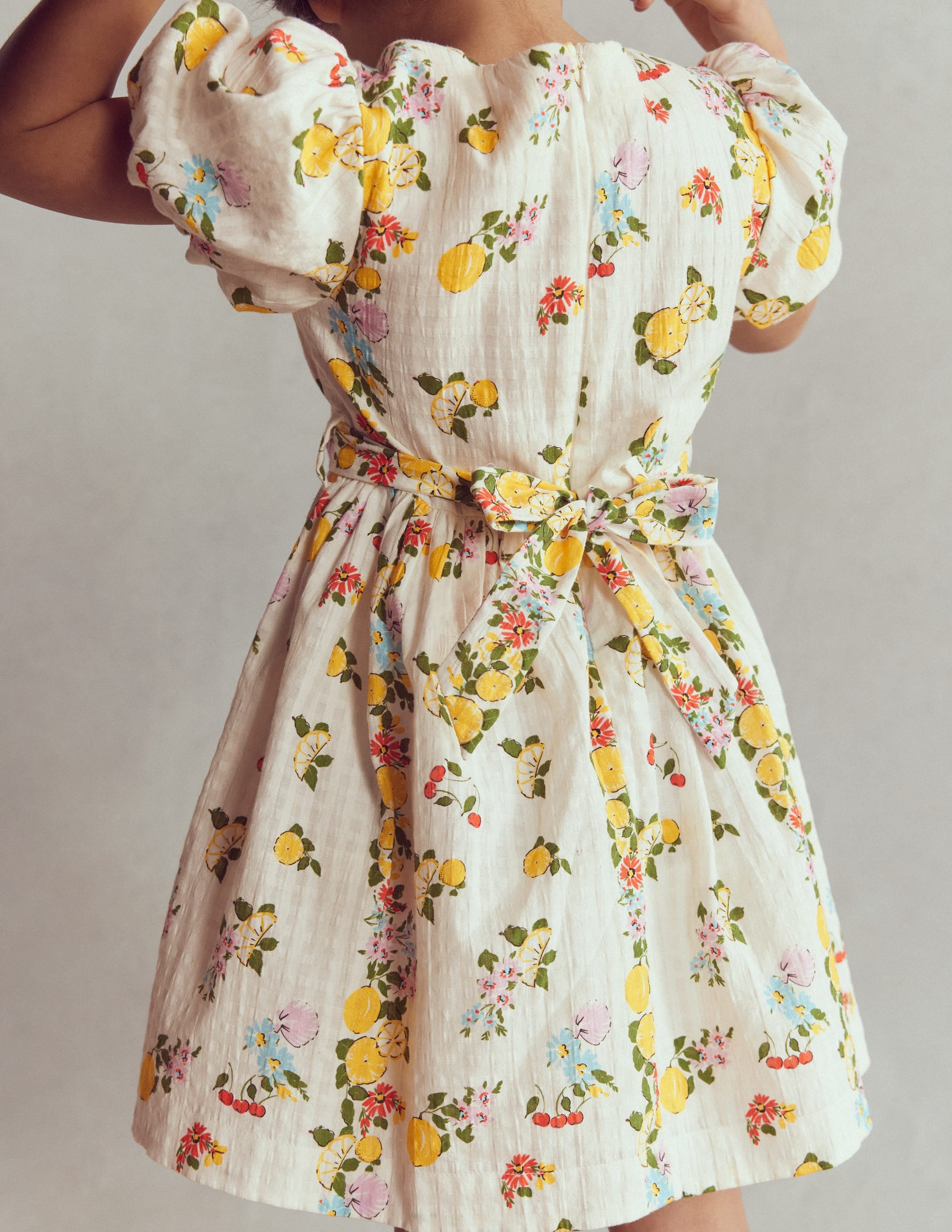 Vintage-style Sash Dress-Soft Ivory Lemon Floral - Image 2