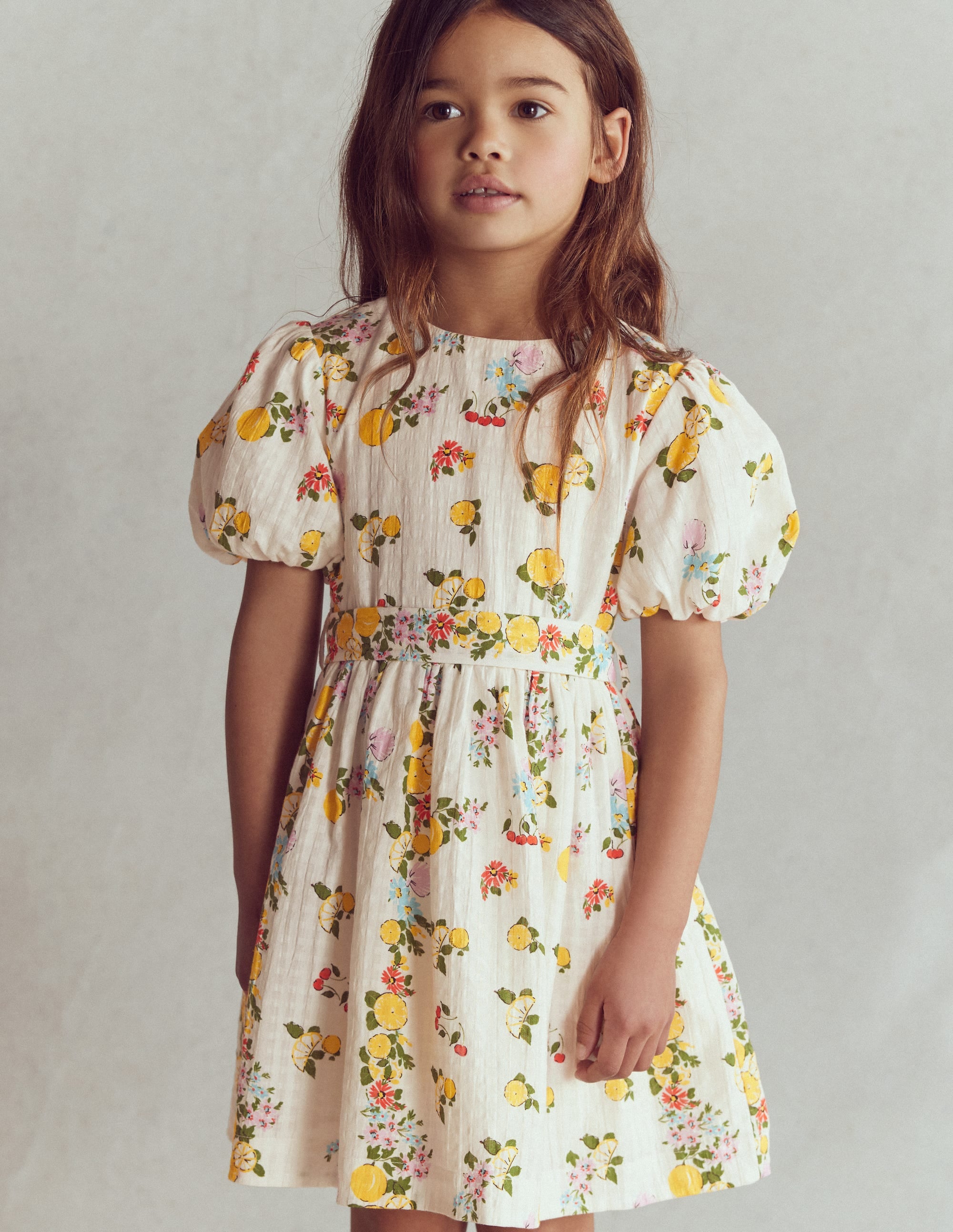 Vintage-style Sash Dress-Soft Ivory Lemon Floral - Image 3