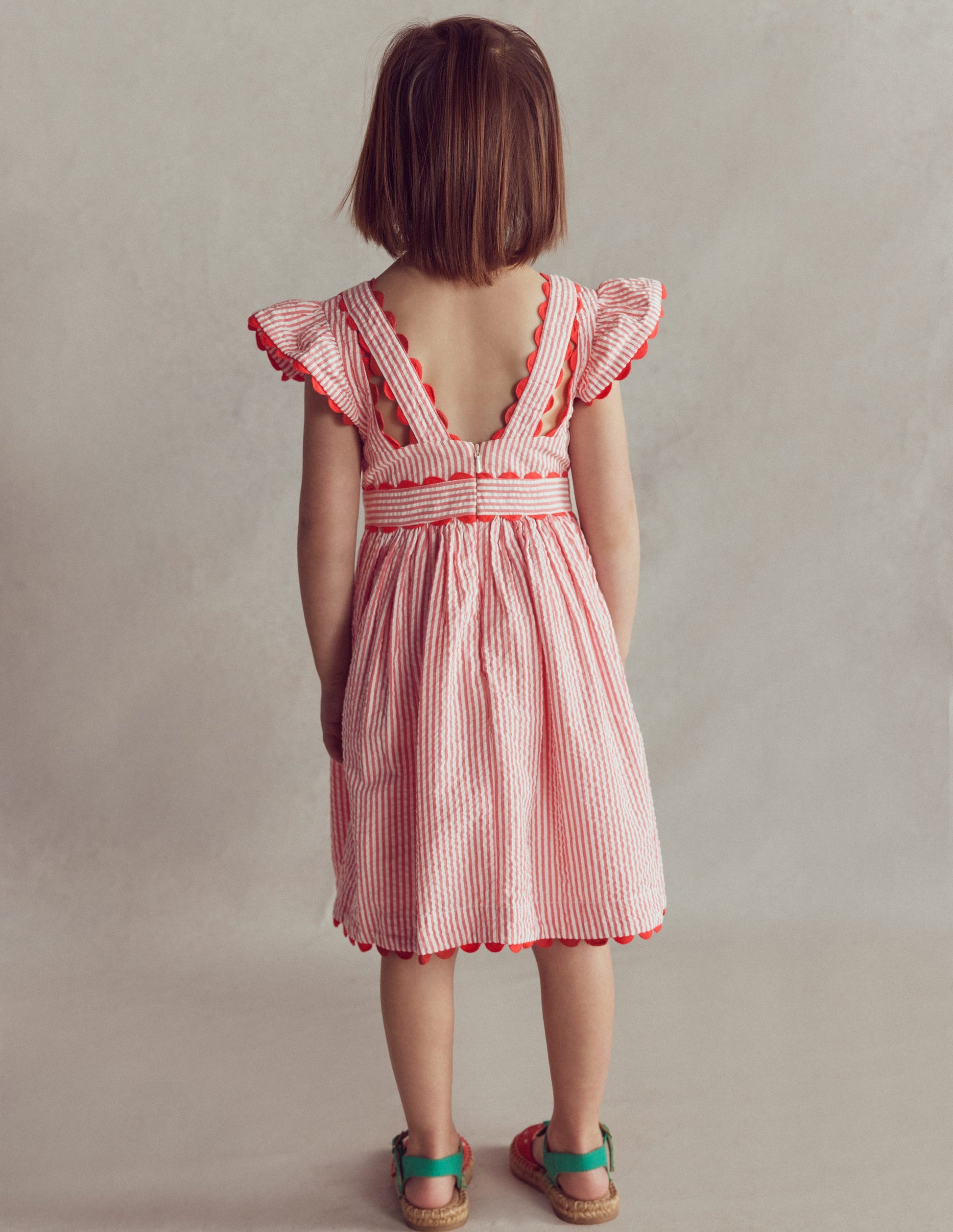 Ric Rac Trim Flutter Dress-Red Stripe