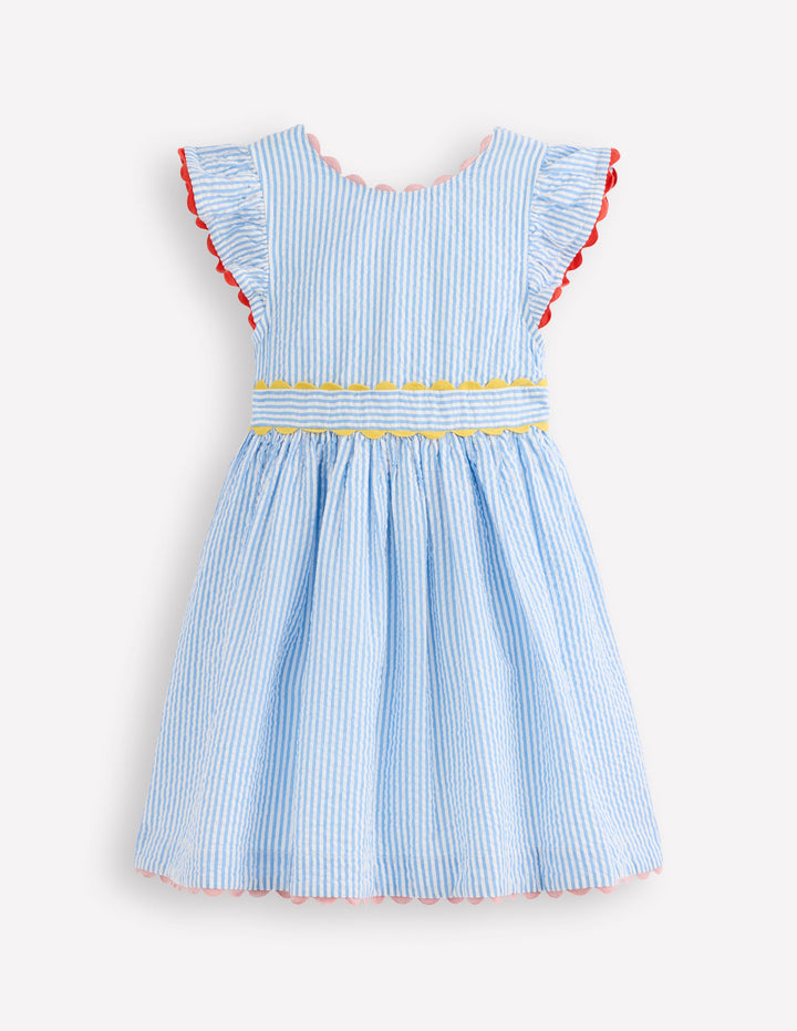 Ric Rac Trim Flutter Dress-Sapphire Blue Stripe