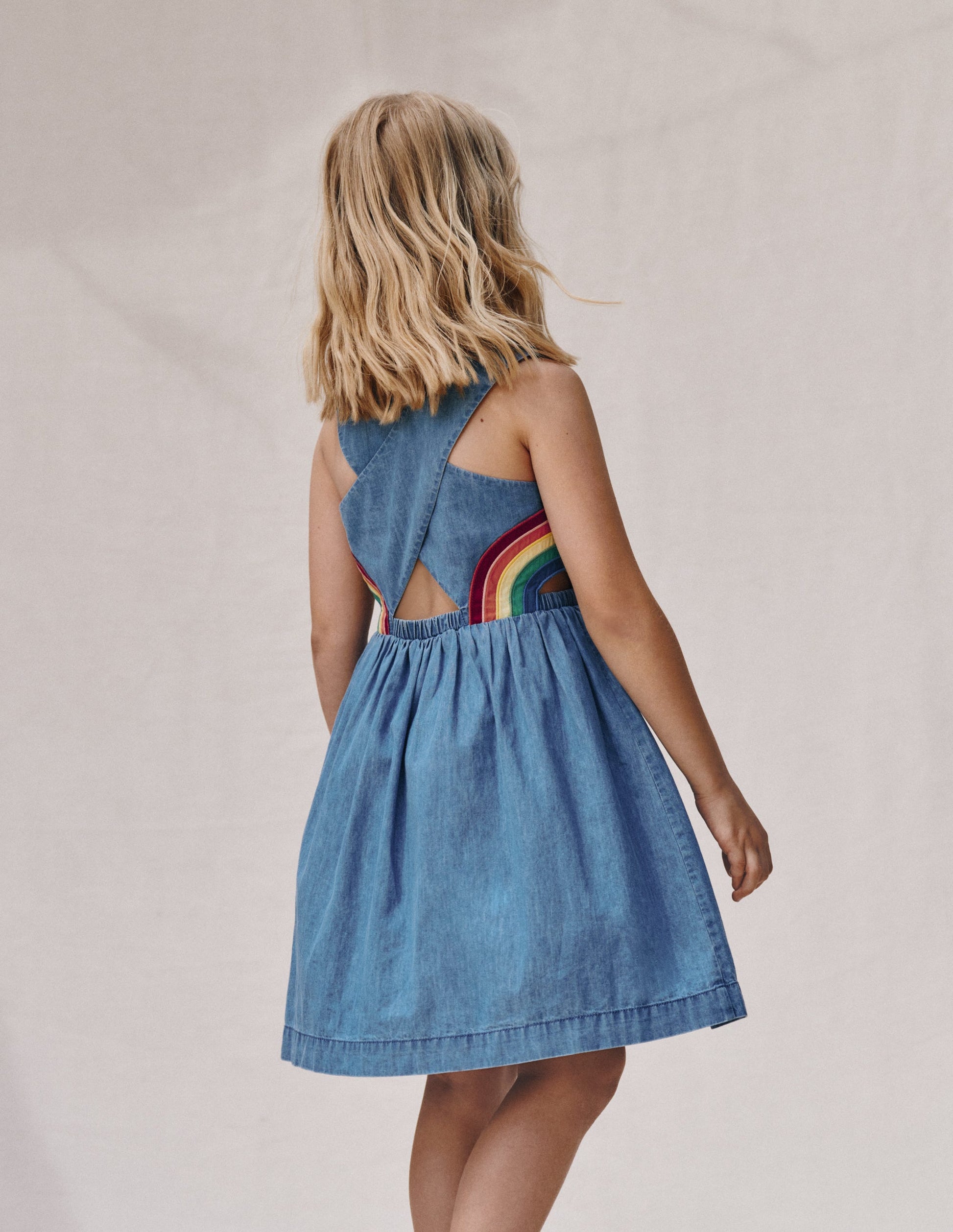 Boden Girls Rainbow Cross Back Dress in Blue