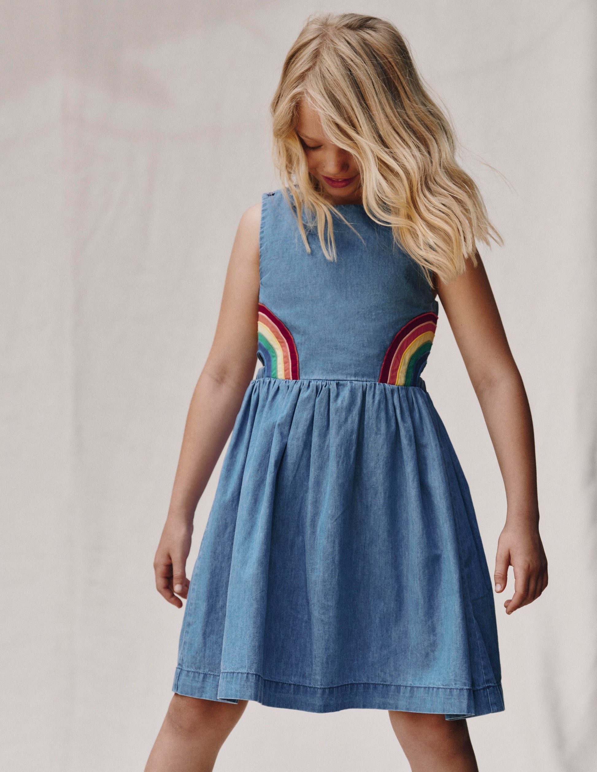 Rainbow Cross Back Dress-Light Wash Rainbow