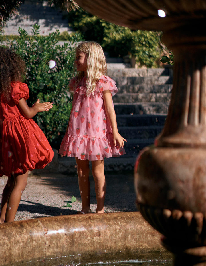 Printed Tulle Dress-Vintage Pink Strawberry Stamp