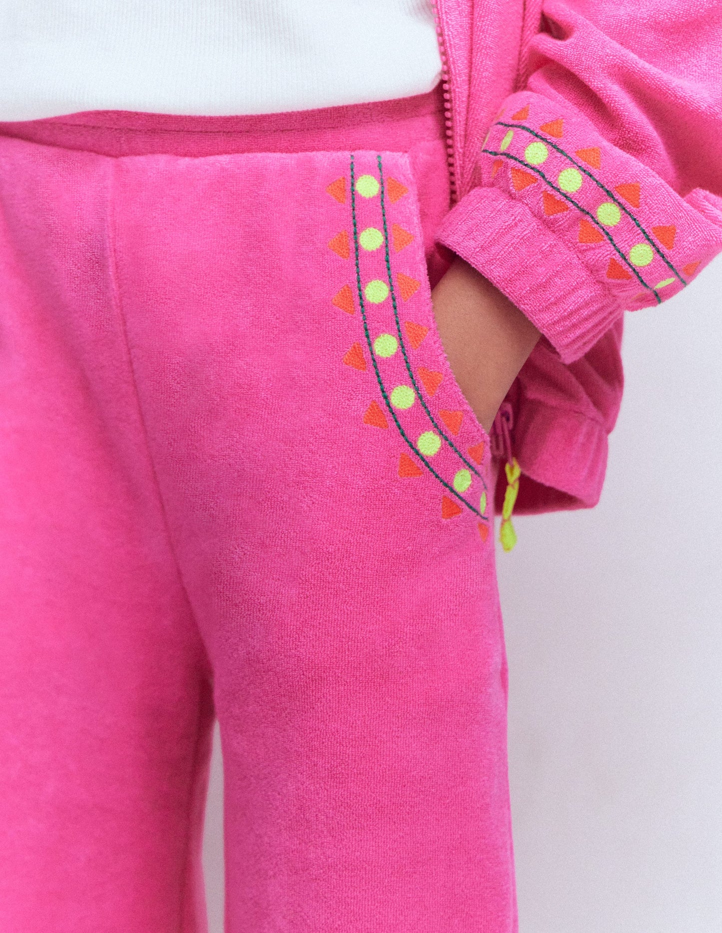 Straight Towelling Pants-Pink Embroidered