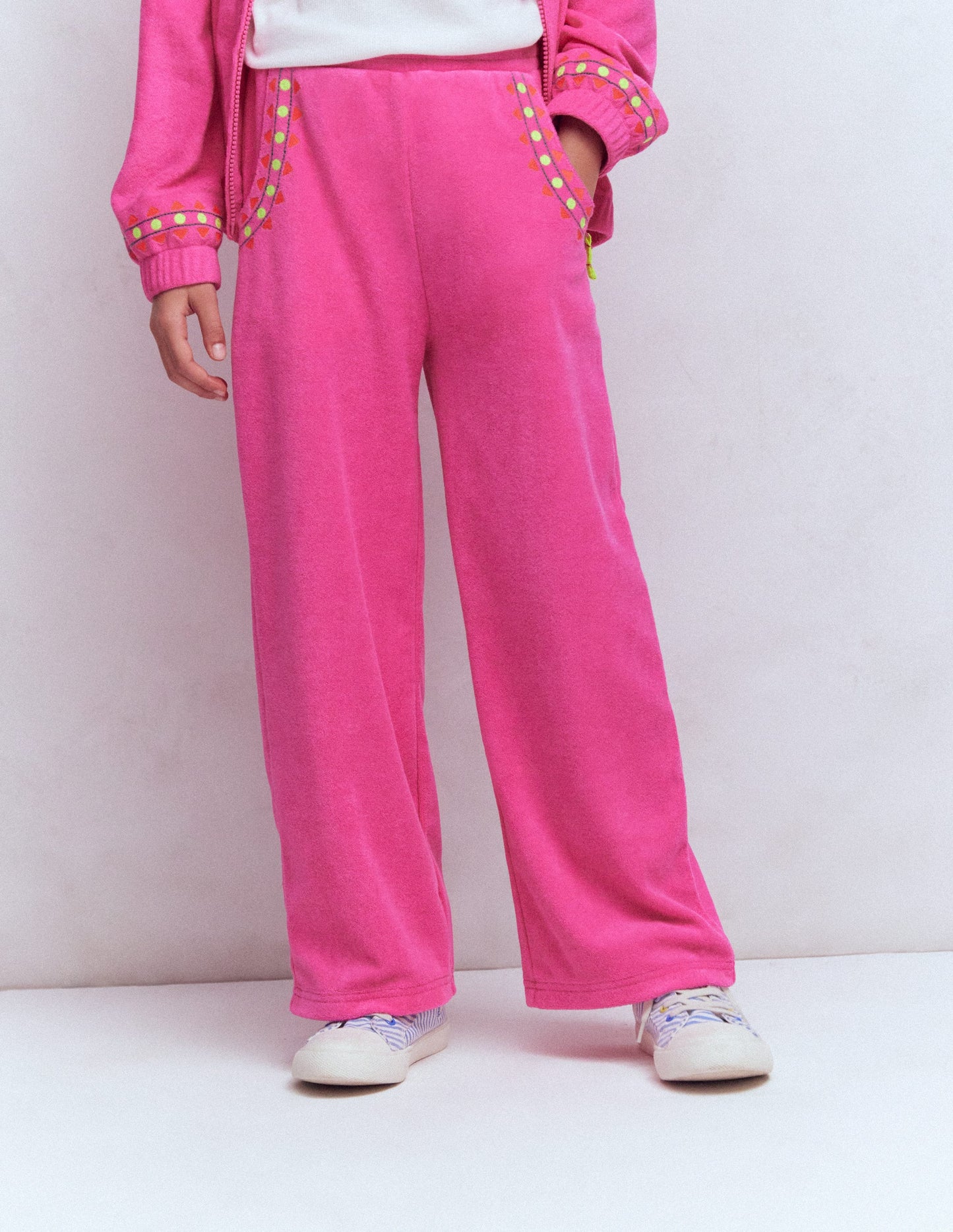 Straight Towelling Pants-Pink Embroidered