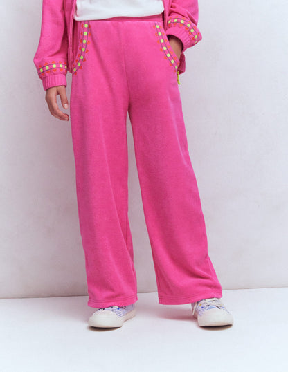 Straight Towelling Pants-Pink Embroidered-1