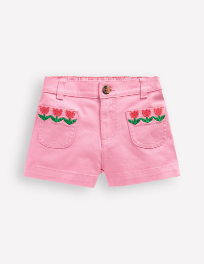 Patch Pocket Shorts-Pink Embroidered Denim-1