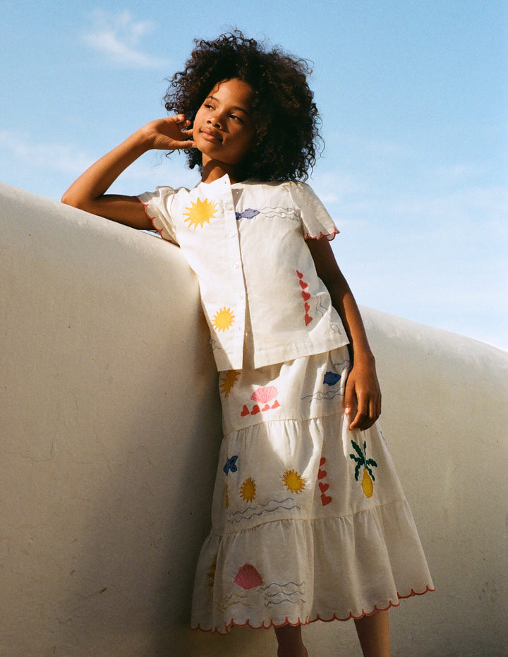 Midi Skirt-Ivory Embroidered