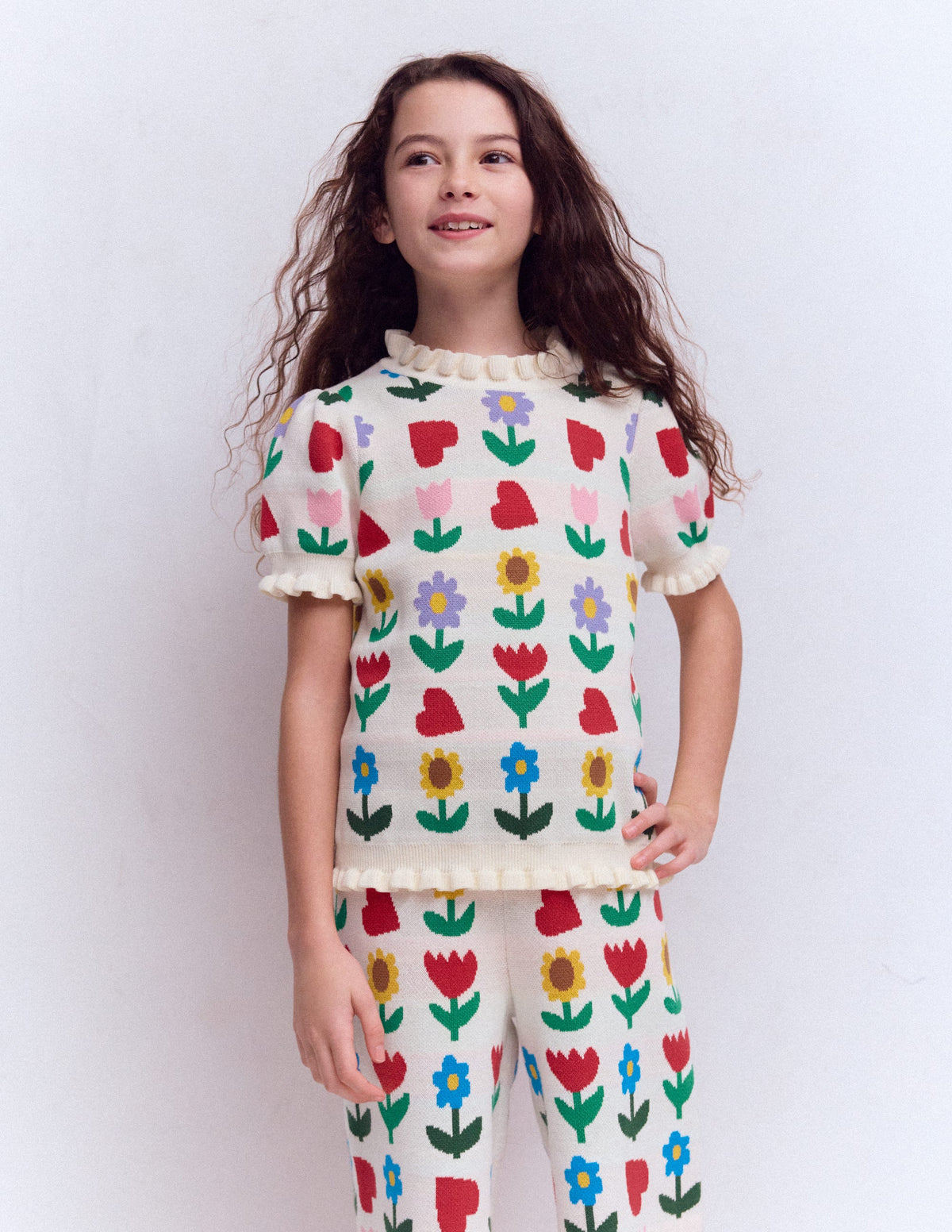 Frill Knitted Top-Ecru Marl Sunflower Garden - Image 1