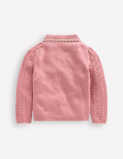 Collared Pointelle Cardigan-Vintage Pink-3