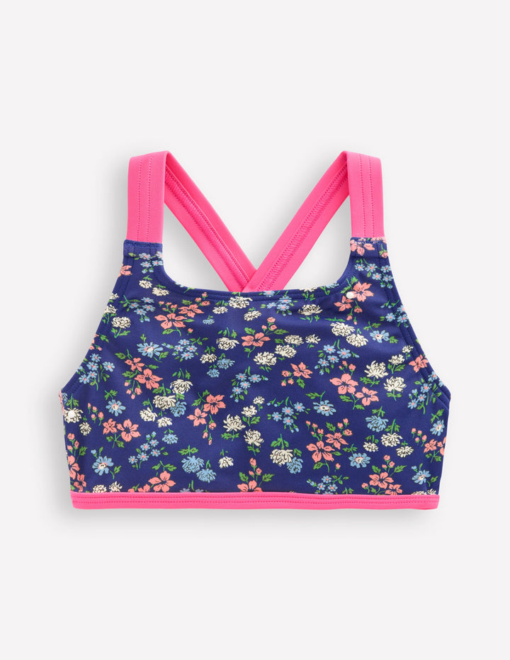 Cross-back Bikini Top-Sapphire Blue Meadow Floral