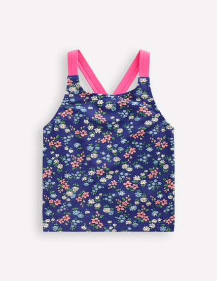 Cross-Back Tankini Top-Sapphire Blue Meadow Floral
