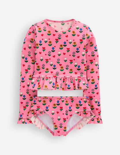 Hem Frill Rash Vest Set-Almond Pink Sunflower Garden-1