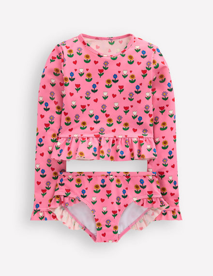 Hem Frill Rash Vest Set-Almond Pink Sunflower Garden