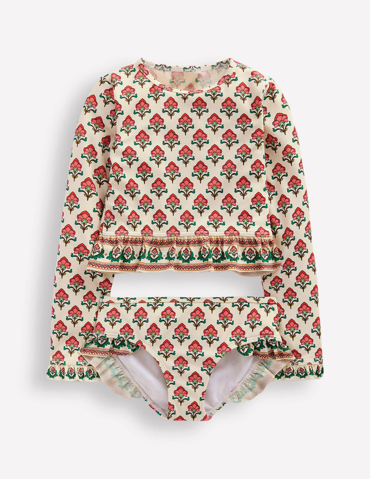 Hem Frill Rash Vest Set-Soft Ivory Woodblock Flower