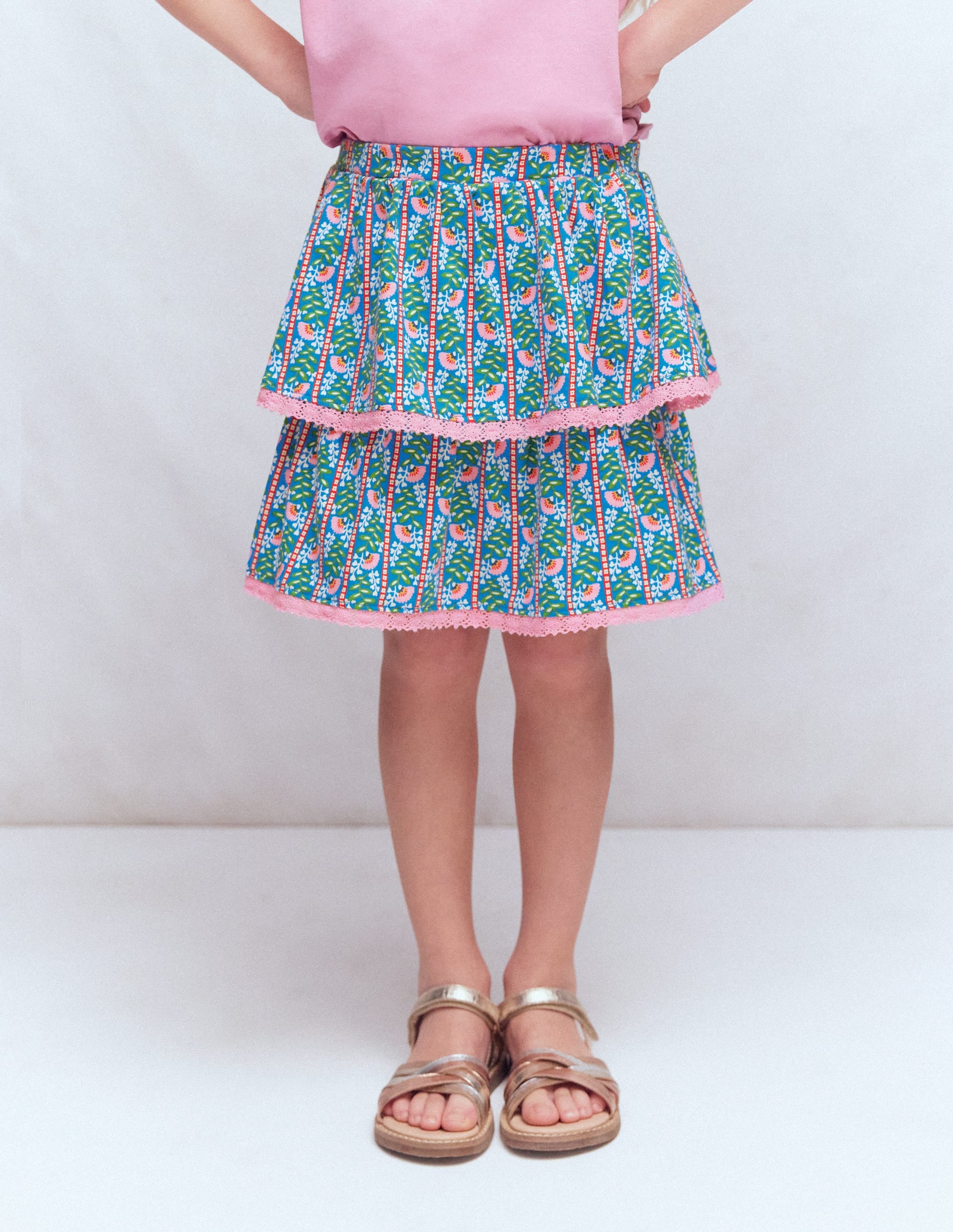 Ruffle Jersey Skort-Kingfisher Blue Floral Vine - Image 1