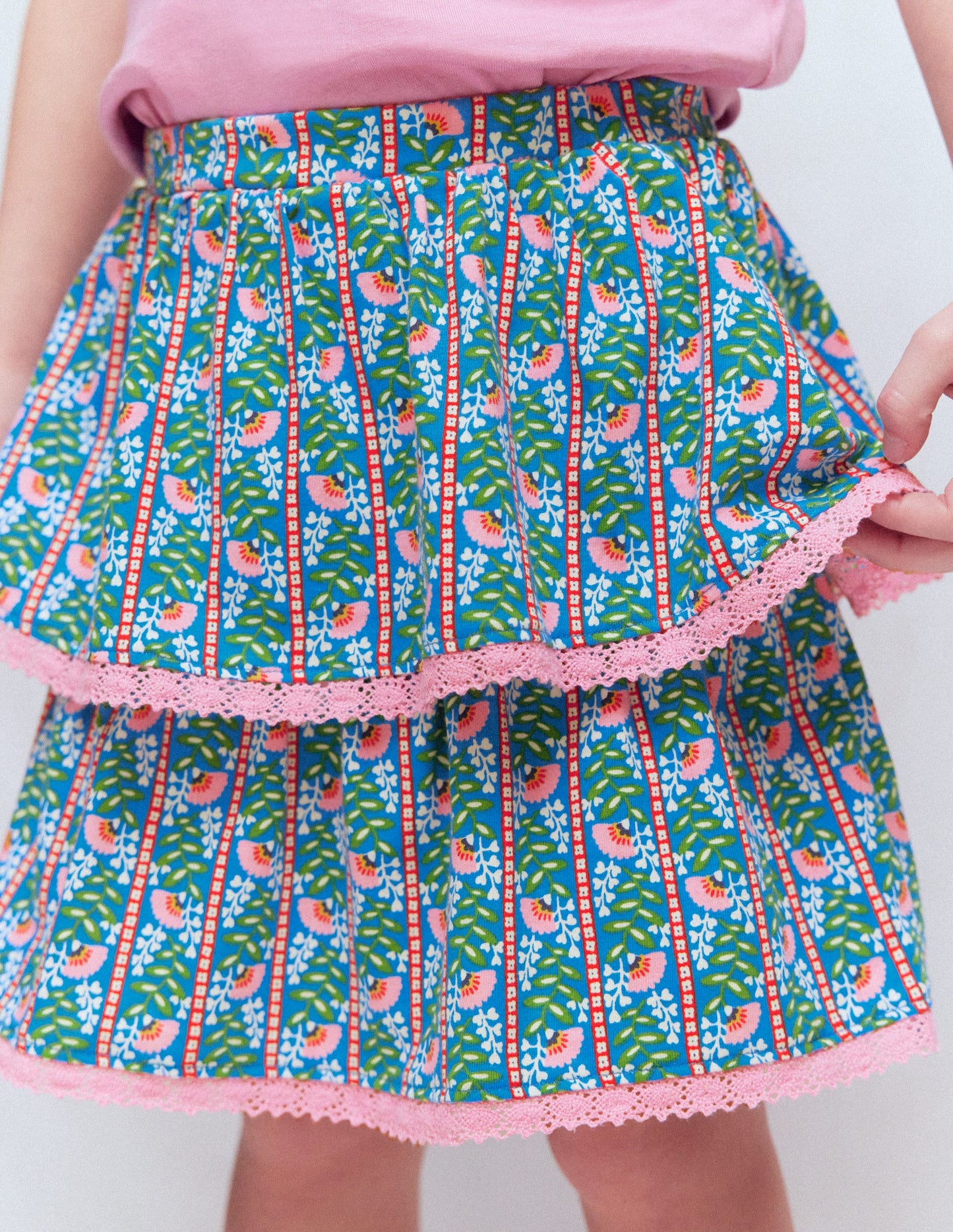 Ruffle Jersey Skort-Kingfisher Blue Floral Vine