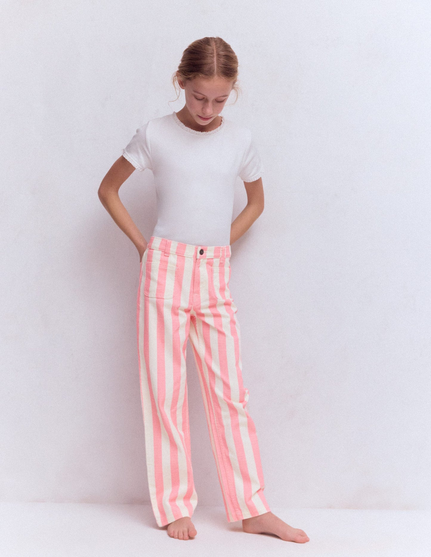 Patch Pocket Straight Jeans-Pink/Ivory Stripe