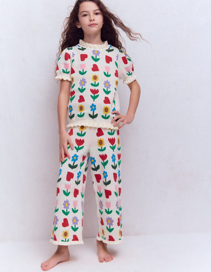 Flared Knitted Pants-Ecru Marl Sunflower Garden-2