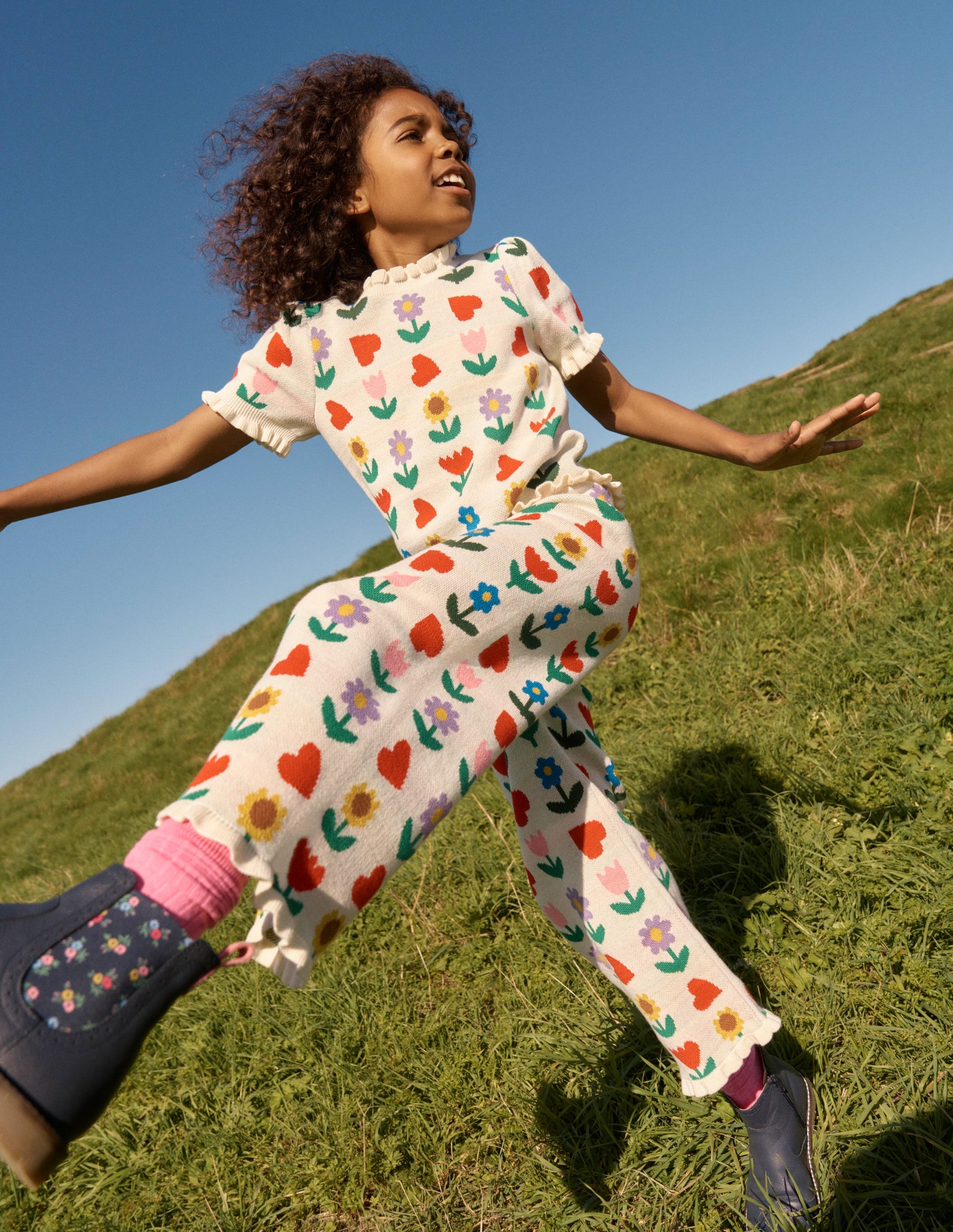 Flared Knitted Pants-Ecru Marl Sunflower Garden-1