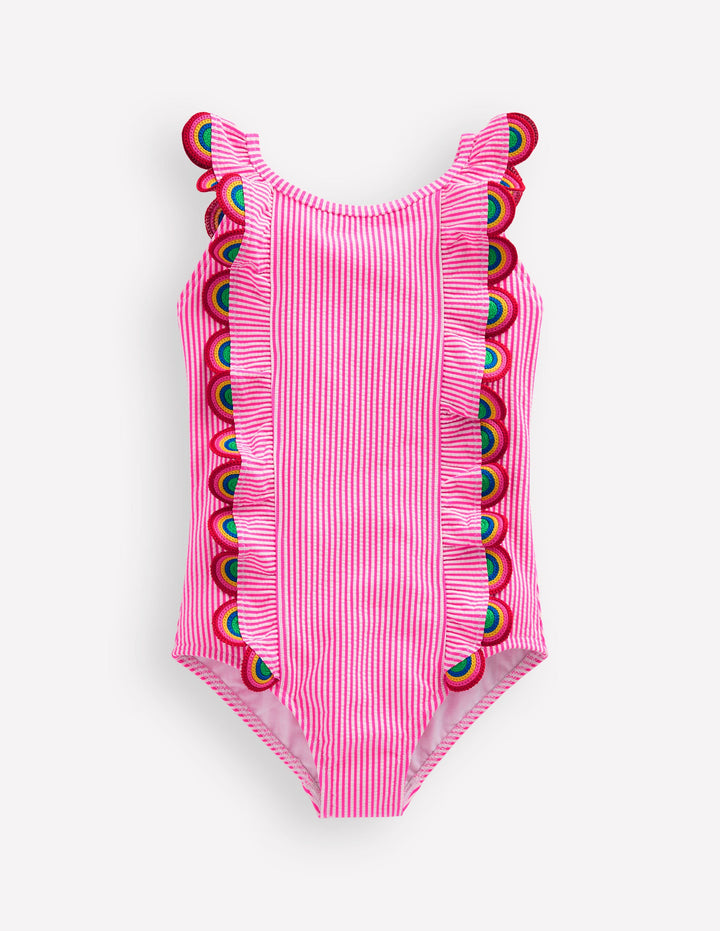 Flutter Trim Swimsuit-Ticking Stripe Rainbow