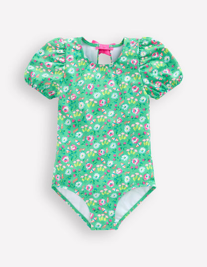 Puff Sleeve Swimsuit-Aquamarine Butterfly Floral-1