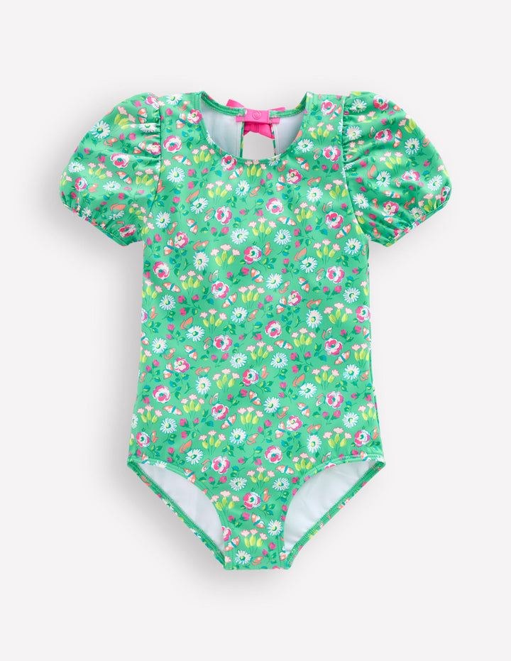 Puff Sleeve Swimsuit-Aquamarine Butterfly Floral