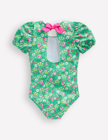 Puff Sleeve Swimsuit-Aquamarine Butterfly Floral-2