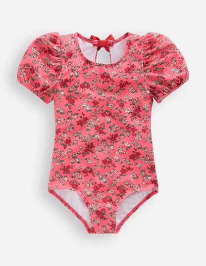 Puff Sleeve Swimsuit-Salmon Pink Meadow Floral-1