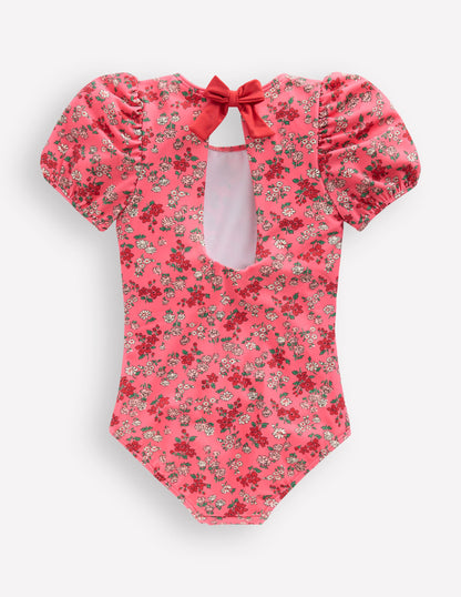 Puff Sleeve Swimsuit-Salmon Pink Meadow Floral-2