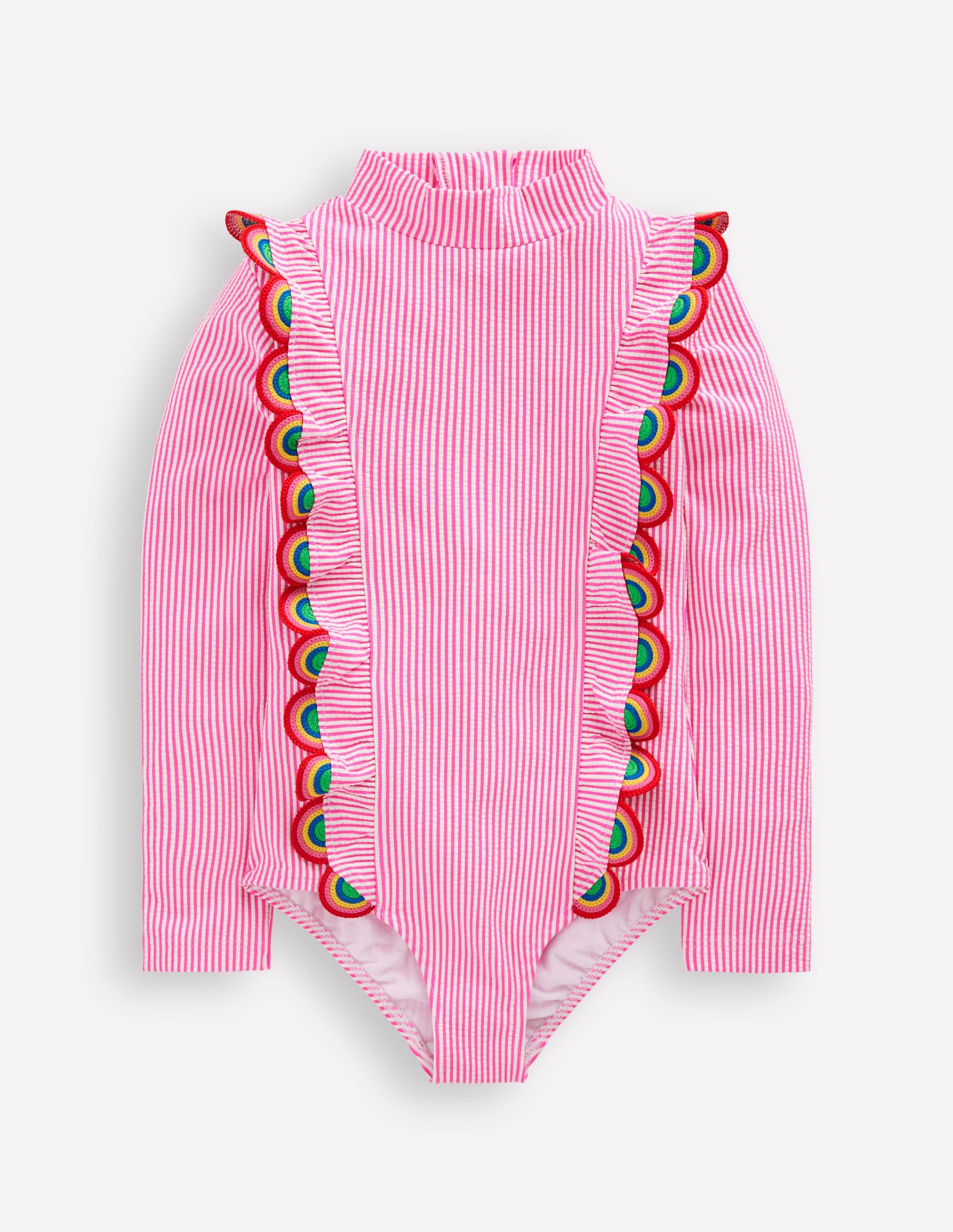 Long Sleeve Frill Swimsuit-Pink Glo Stripe Rainbow - Image 1