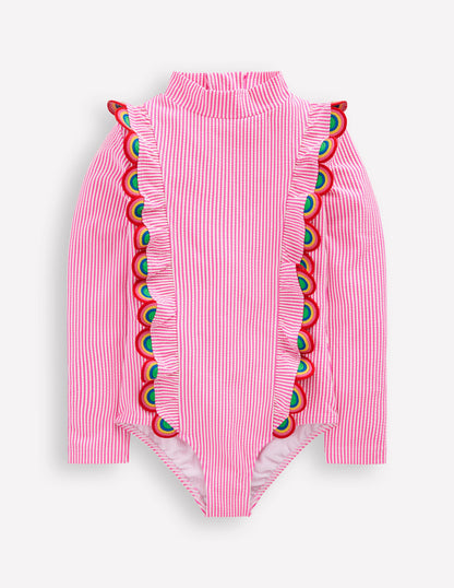 Long Sleeve Frill Swimsuit-Pink Glo Stripe Rainbow-1