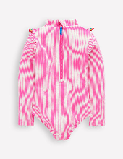 Long Sleeve Frill Swimsuit-Pink Glo Stripe Rainbow-2