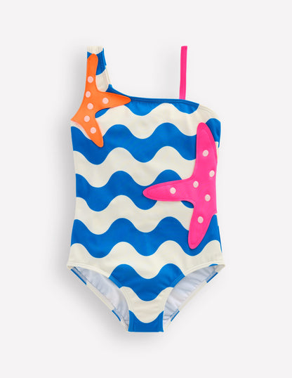 One Shoulder Appliqué Swimsuit-Kingfisher Blue Wave Starfish-1