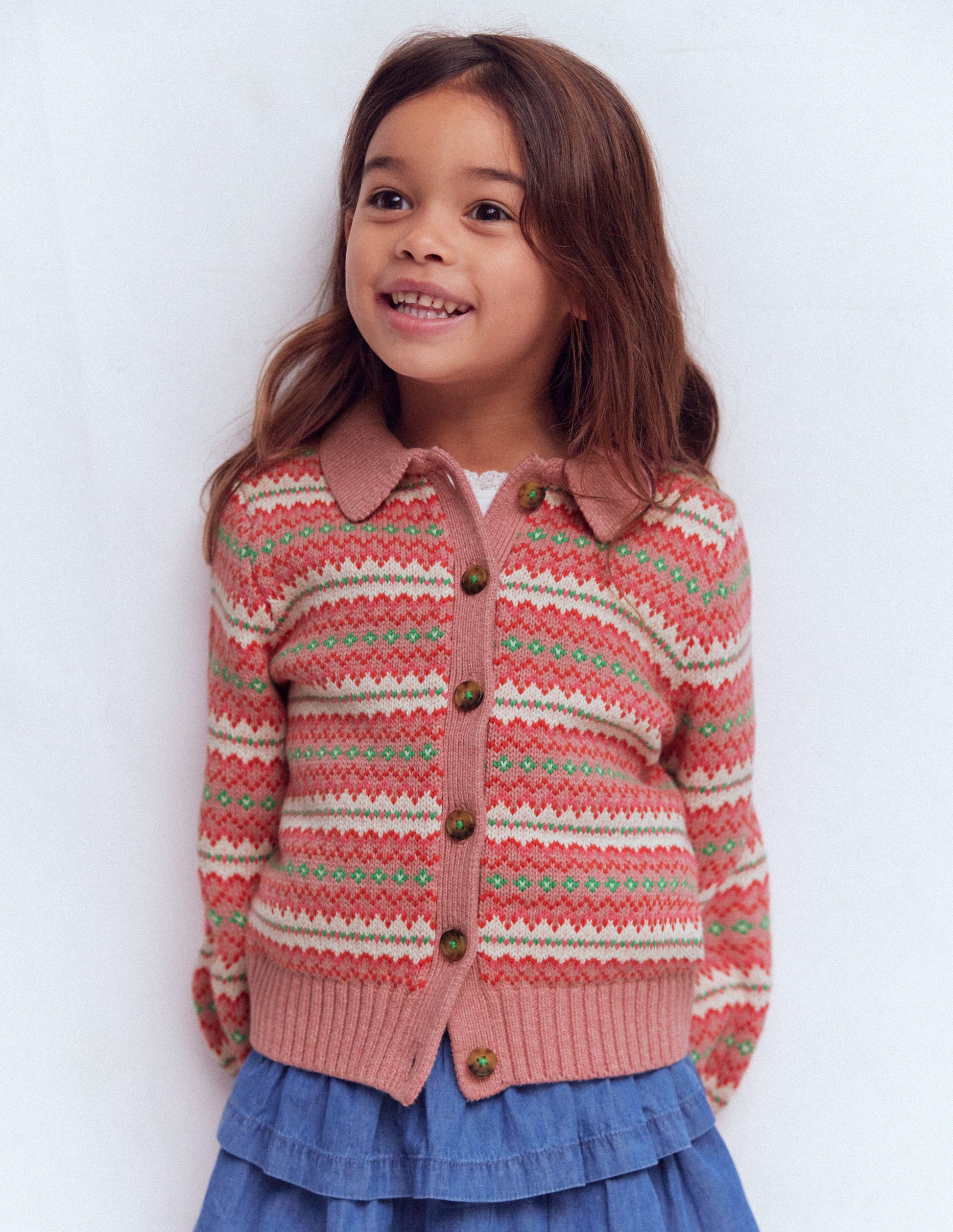 Collared Fair Isle Cardigan-Vintage Pink-1