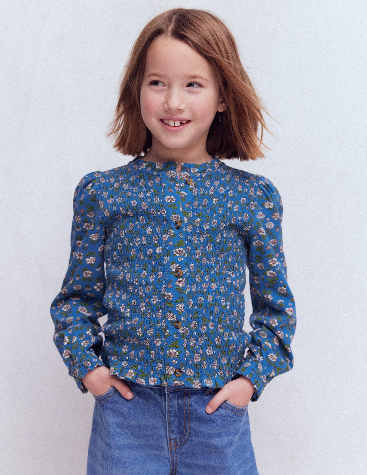 Smocked Jersey Blouse-Delft Garden Flower