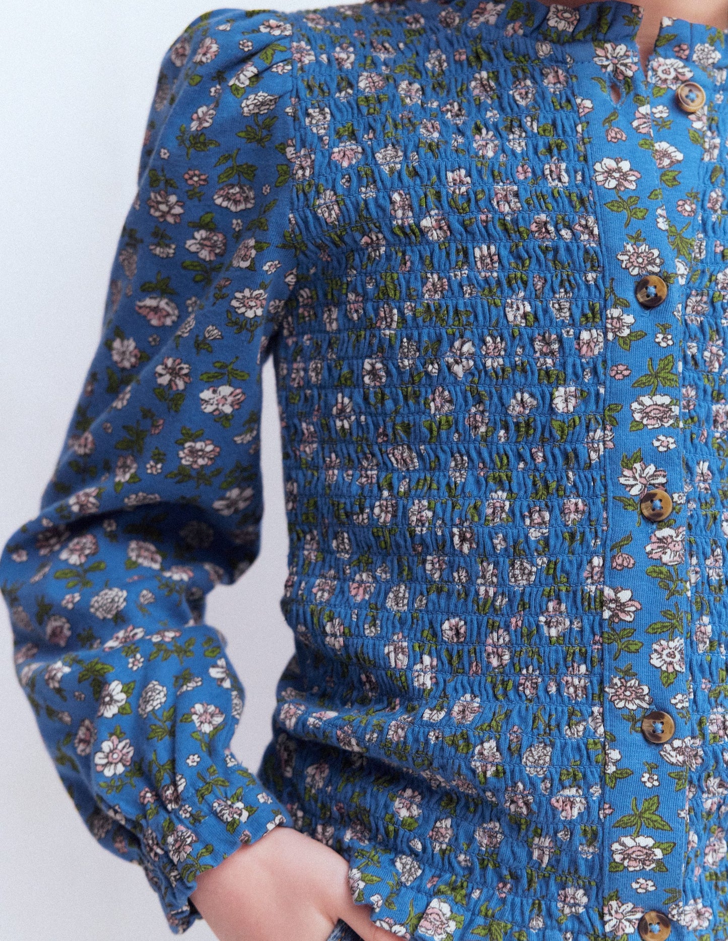 Smocked Jersey Blouse-Delft Garden Flower