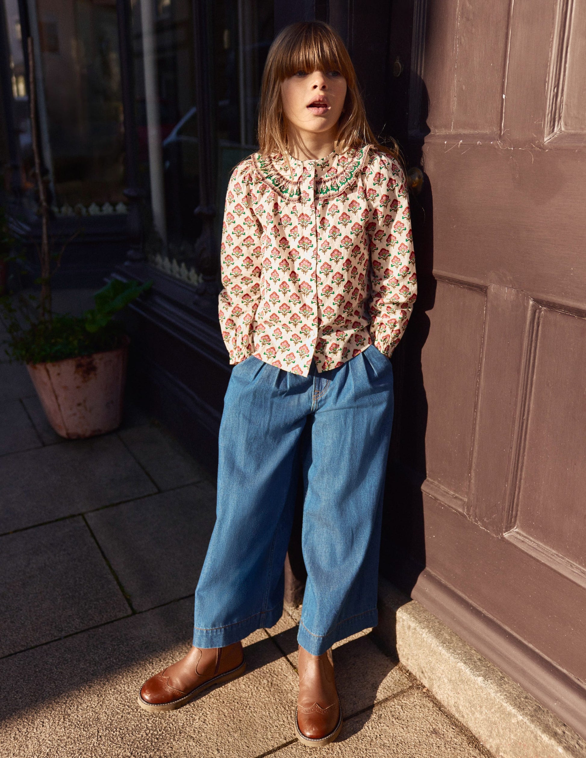 Frill Yoke Blouse-Woodlblock Flower-4