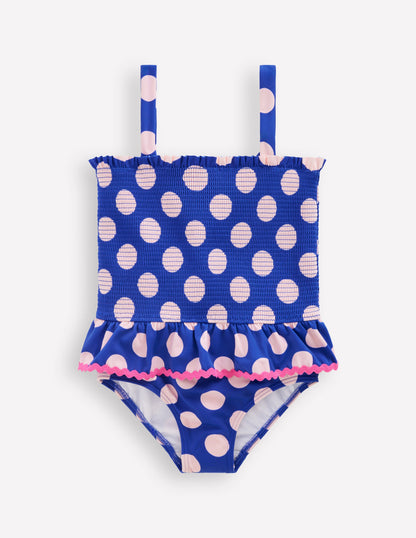 Peplum Smocked Swimsuit-Bright Blue Polka Dot-1