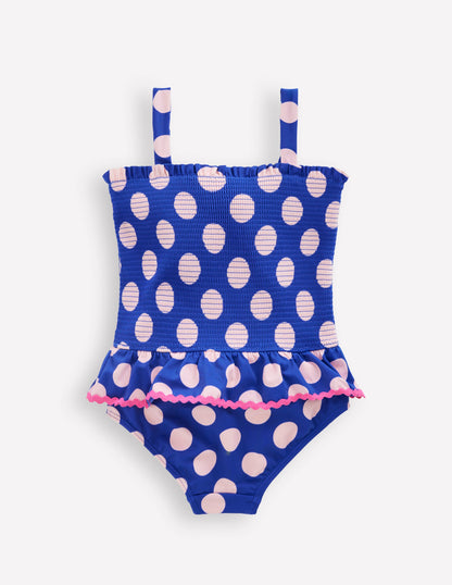 Peplum Smocked Swimsuit-Bright Blue Polka Dot-2