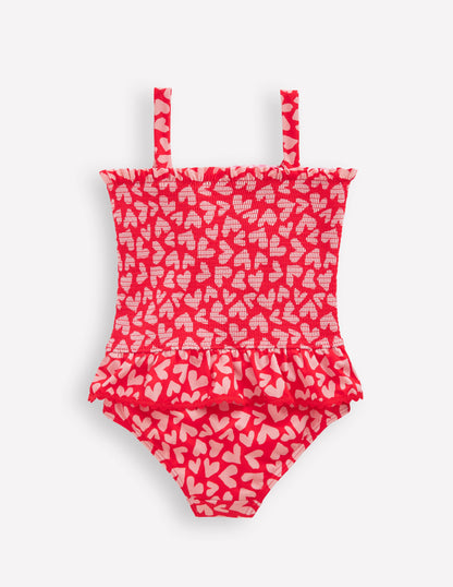 Peplum Smocked Swimsuit-Rockabilly Red Collage Hearts-2