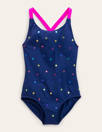 Cross-back Printed Swimsuit-Rainbow Foil Confetti Spot-1