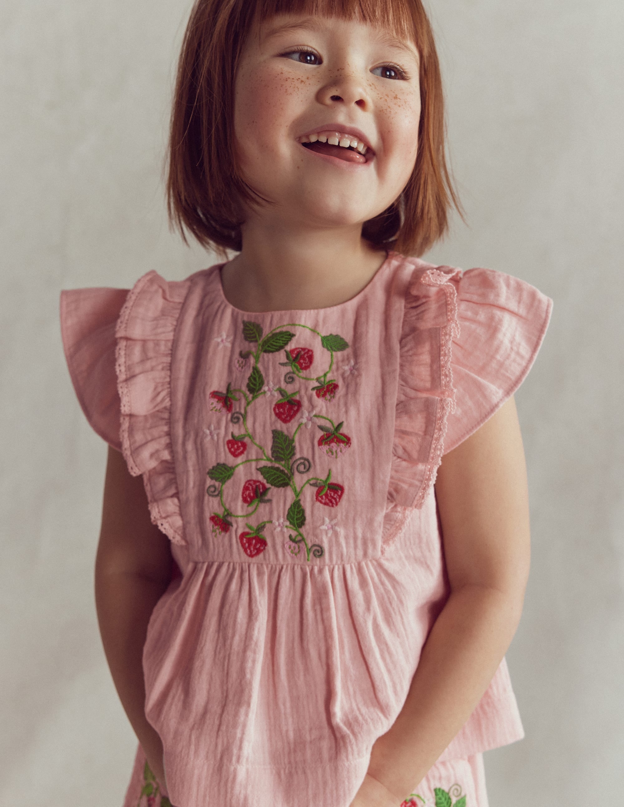 Embroidered Frilly Woven Top-Lotus Strawberries - Image 1