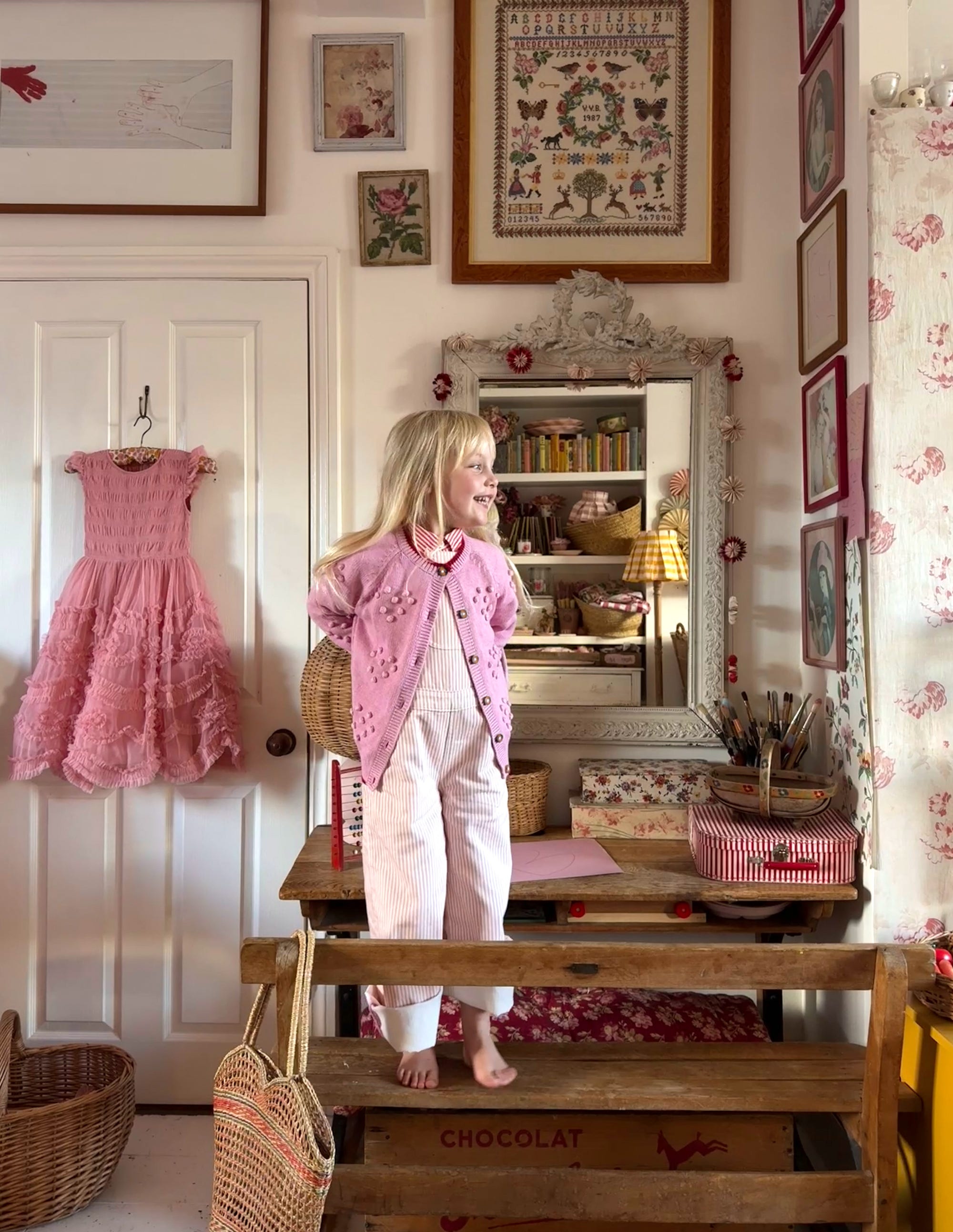 Wide Leg Overalls-Pink Ticking Stripe - Image 4